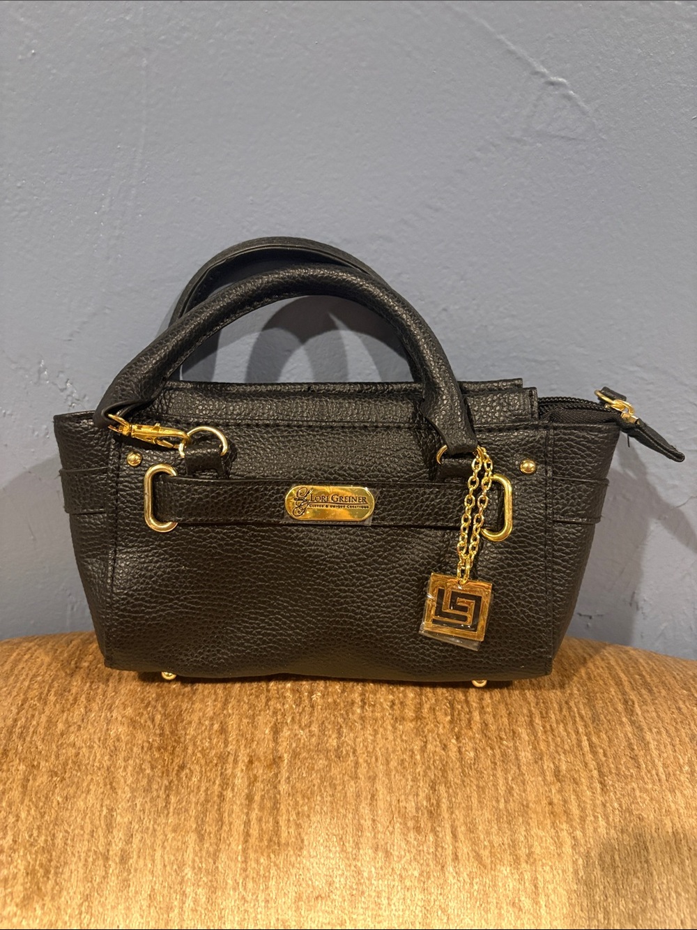 Black Faux Leather Mini Satchel with Gold Accent Charm